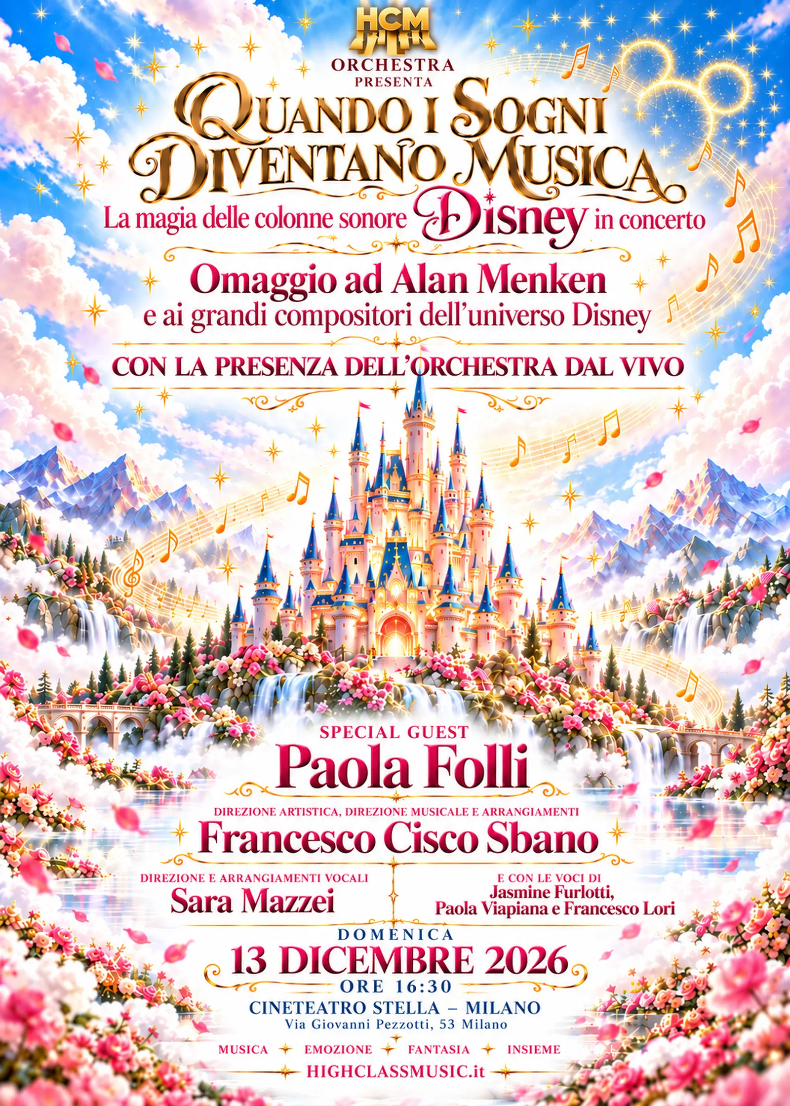 Locandina di Quando i sogni diventano musica, omaggio ad Alan Menken e alle colonne sonore Disney, con la special guest Paola Folli. Domenica 13 dicembre 2026 alle 16:30 al Cineteatro Stella di Milano.