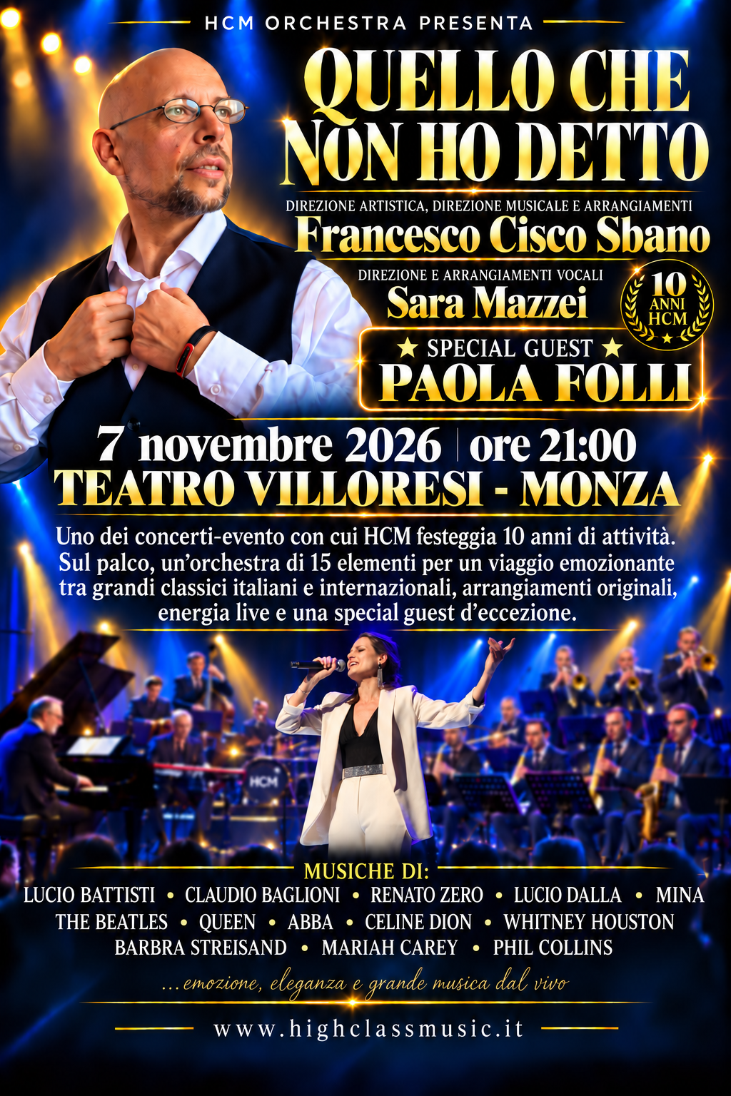 Locandina del concerto HCM Orchestra: Quello che non ho detto, 7 novembre 2026 al Teatro Villoresi di Monza, special guest Paola Folli.